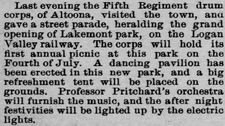 Historical newspaper article announcing the grand opening of Lakemont Park on July 4, 1893, featuring details about festivities and music.