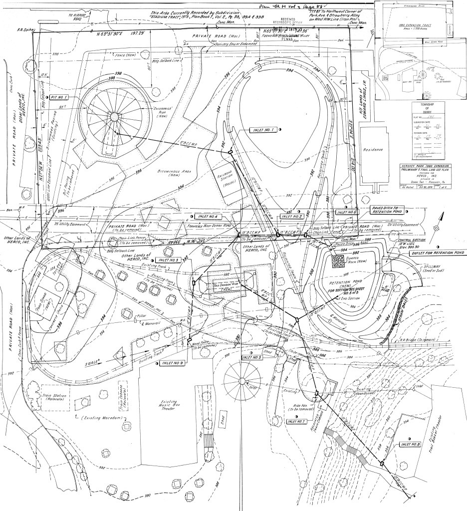 Blueprint of Hersheypark expansion plans, detailing rides and facilities including Cyclops and Pirat, with marked pathways, and positioning of various attractions.