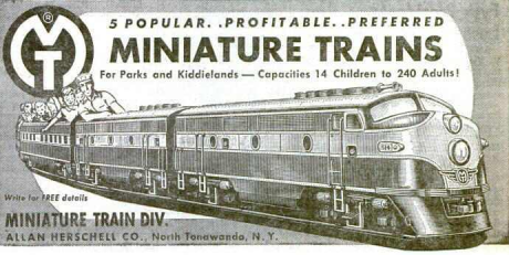 Vintage advertisement for Miniature Trains by Allan Herschell Company, featuring an illustrated train and promotional text regarding train capacities for parks and kiddielands.