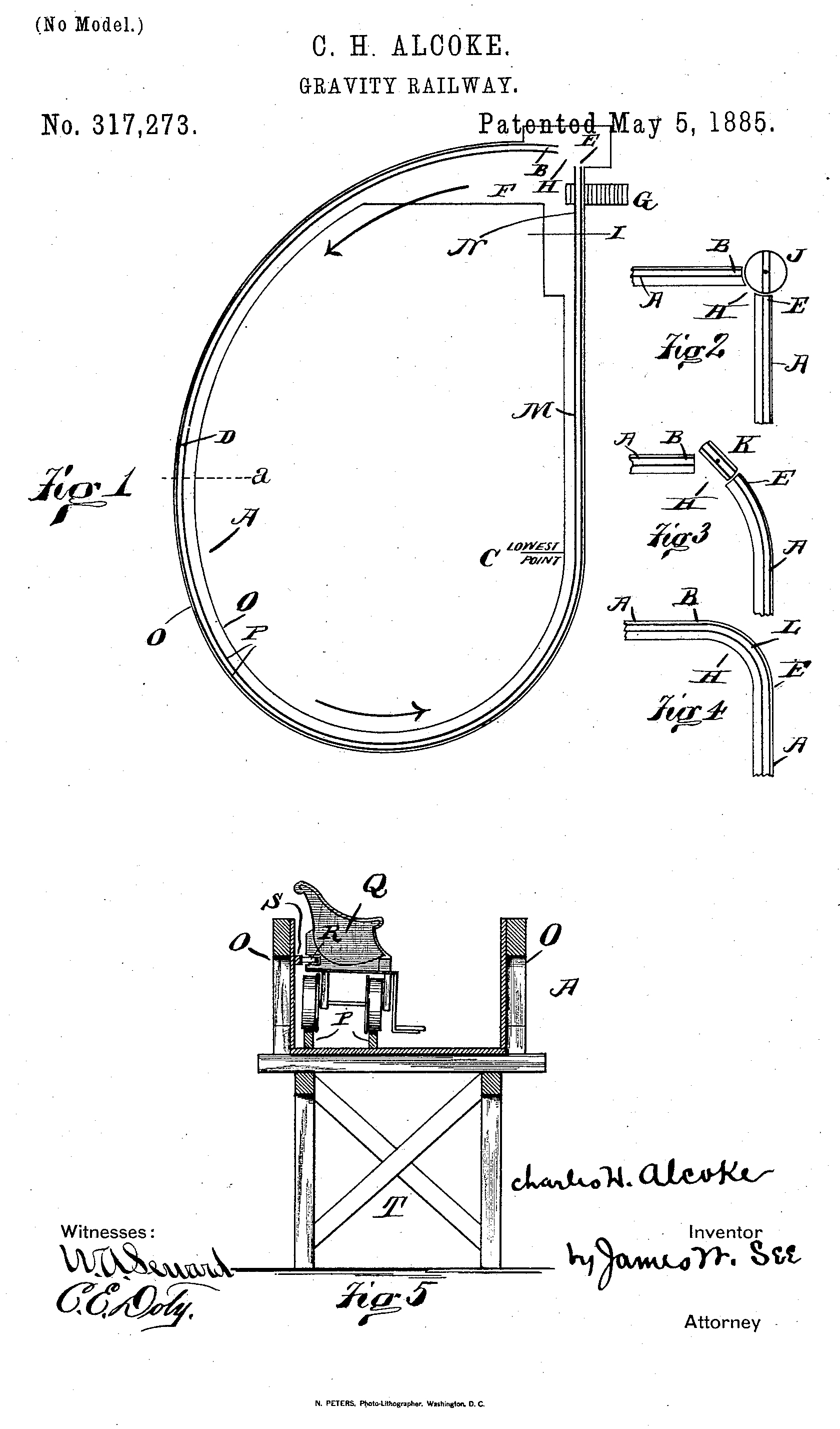 US 317273 - Gravity Railway [Alcoke, C.H.] (Fig. 1-5)