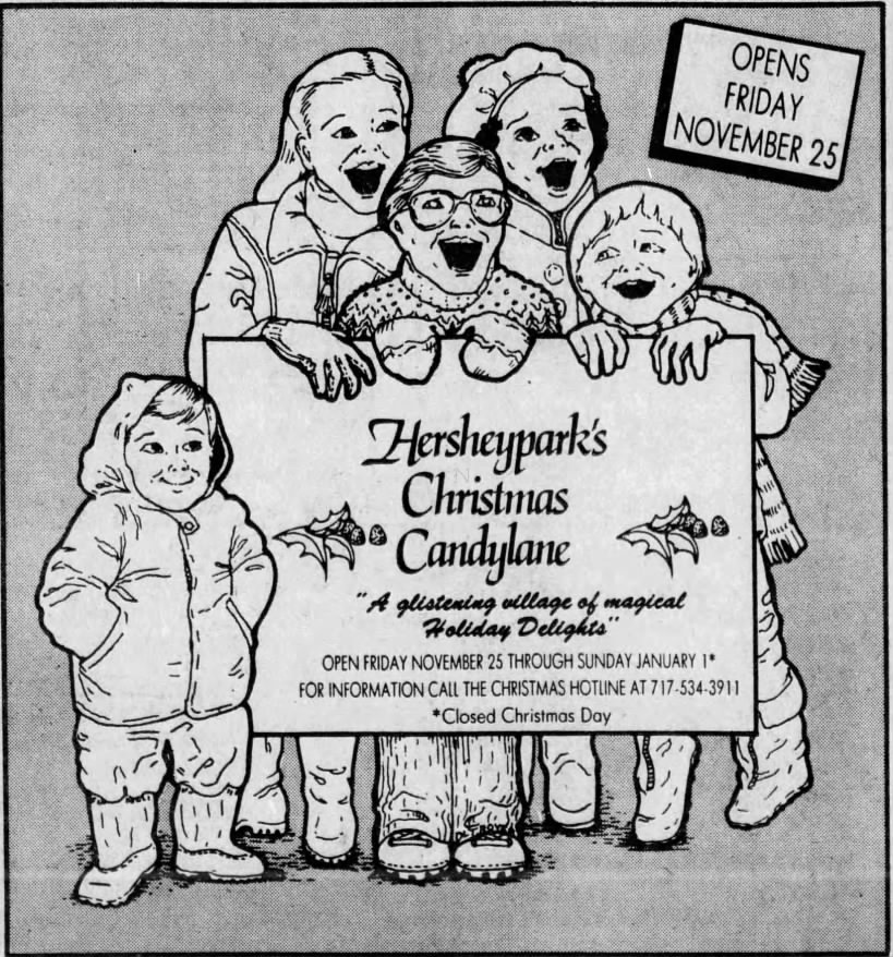Illustration of excited children and adults with a sign for Hersheypark's first Christmas Candylane, announcing the event's opening date of November 25.