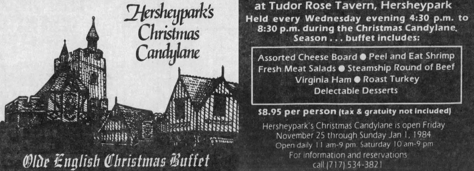 Promotional flyer for Hersheypark's Olde English Christmas Buffet during the Christmas Candylane event, featuring a silhouette of Tudor Rose Tavern and buffet details.