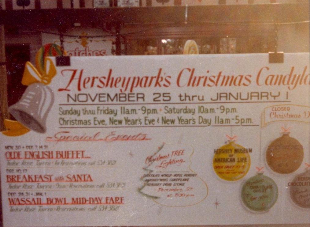 A sign displaying Hersheypark's first Christmas Candylane hours, November 25, 1983 to January 1, 1984.