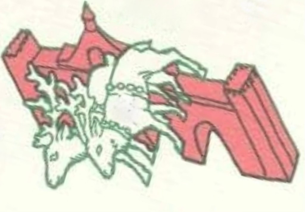 A whimsical illustration featuring two reindeer, one with antlers and ornaments, alongside an abstract depiction of a castle in red.