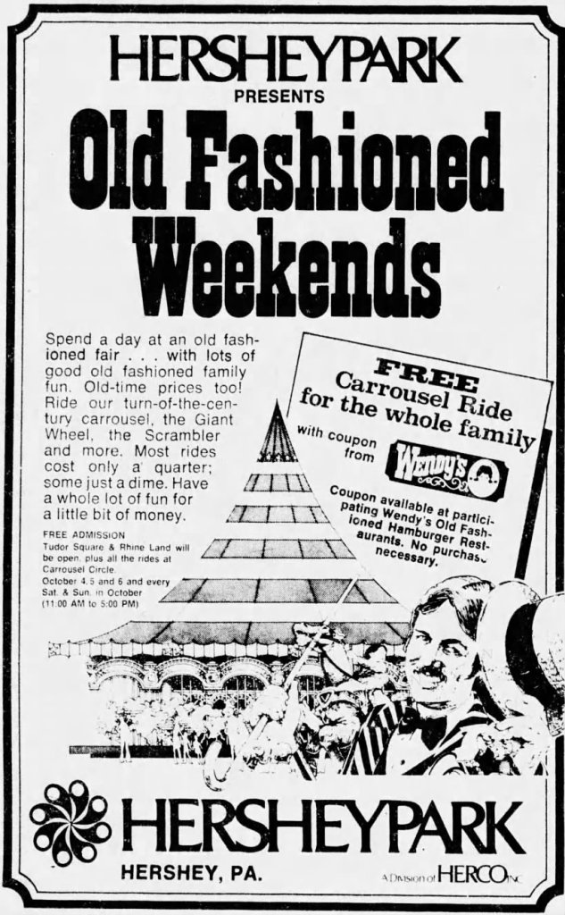 Black and white advertisement featuring Old Fashioned Weekends at Hersheypark in October 1978. This is a predecessor to Hersheypark's  Carrousel Fair, started in 1981. 
