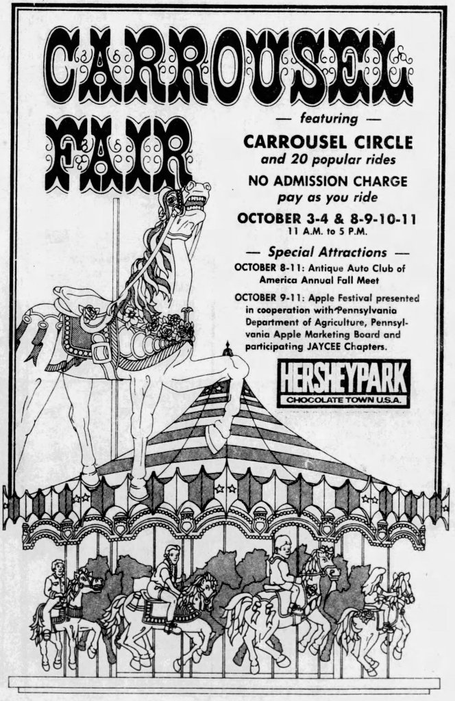 Carrousel Fair advert in black and white showing a carousel horse and a carousel. 