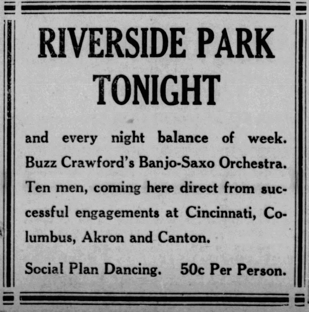 Riverside Park advert for Buzz Crawford's Banjo-Saxo Orchestra