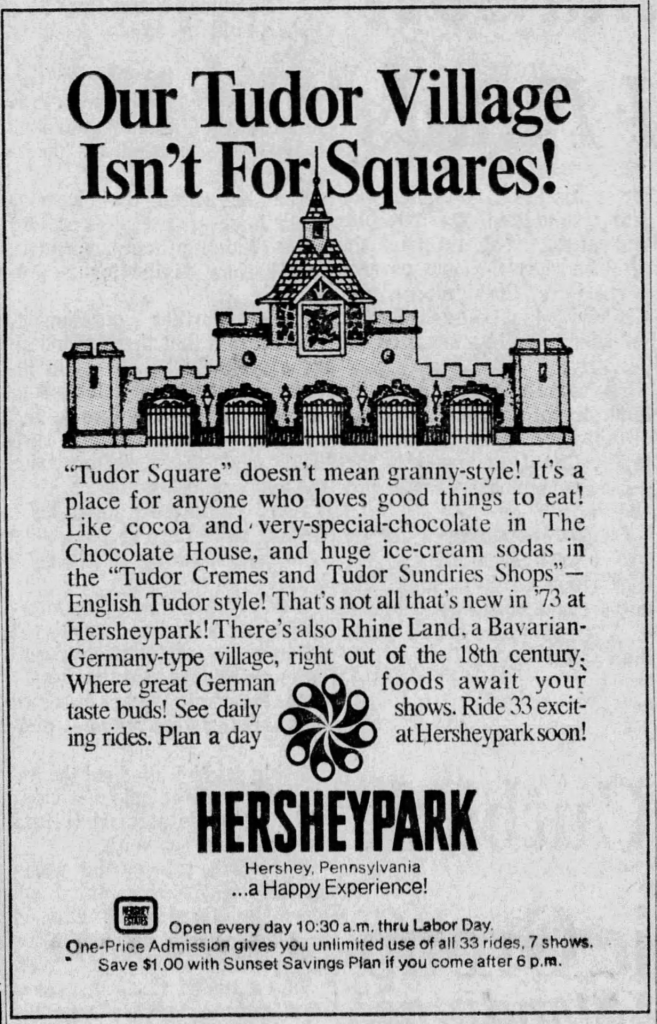 Hersheypark advert for Tudor Square featuring Tudor Castle