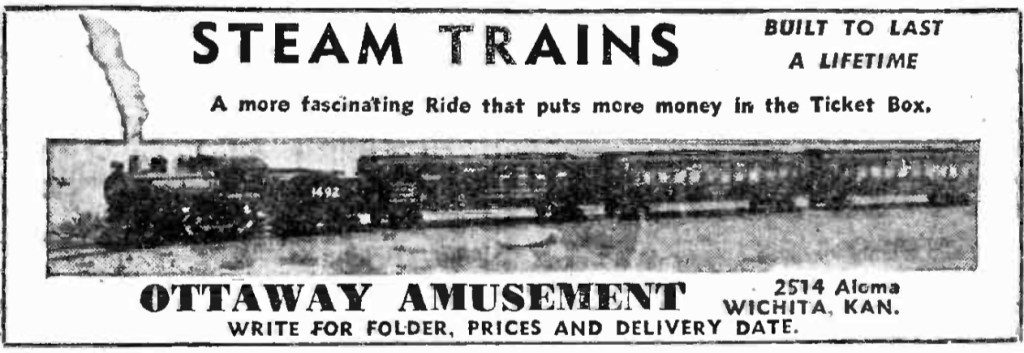 Historical advertisement for Ottaway Amusement Company's steam trains, featuring an illustration of a steam locomotive with text promoting rides.