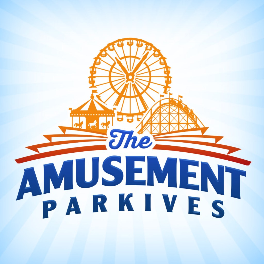 Logo of The Amusement Parkives featuring a ferris wheel, carousel, and roller coaster against a light blue sunburst background.