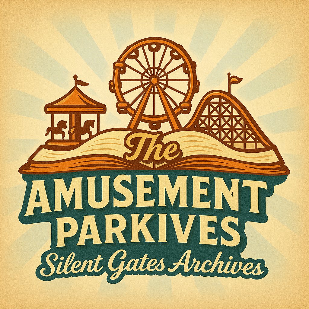Logo for The Amusement Parkives featuring a carousel, a ferris wheel, and a roller coaster, with the text 'The Amusement Parkives' and 'Silent Gates Archives' prominently displayed.
