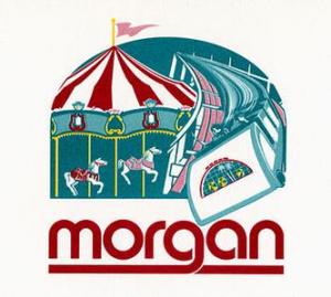 Roller coaster train and carousel with the name Morgan underneath in red.