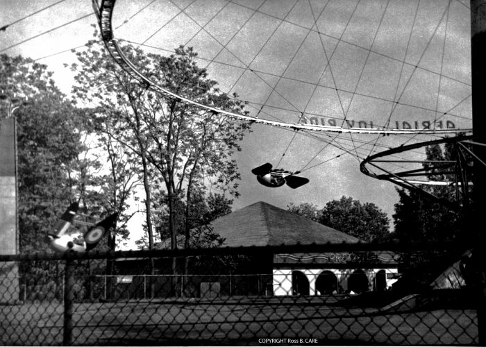 Aerial Joy Ride in operation, circa 1950. This area is where Fender Bender and several kiddie rides are, today. This photograph is courtesy of Ross B. Care.