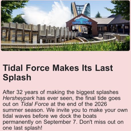 Hersheypark included this announcement in an email.